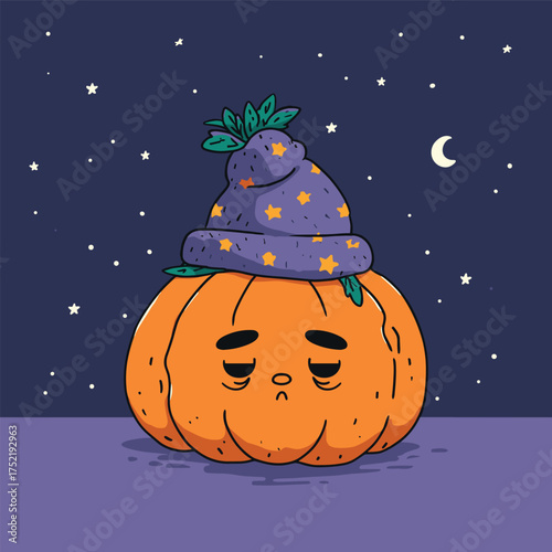 sleepy jack-o-lantern with droopy eyes, wearing tiny nightcap with stars, kawaii bedtime expression