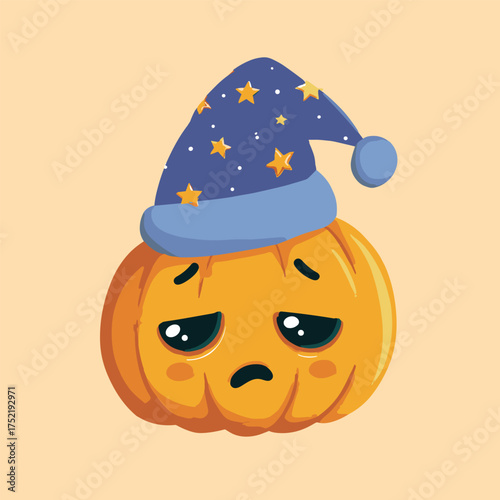 sleepy jack-o-lantern with droopy eyes, wearing tiny nightcap with stars, kawaii bedtime expression