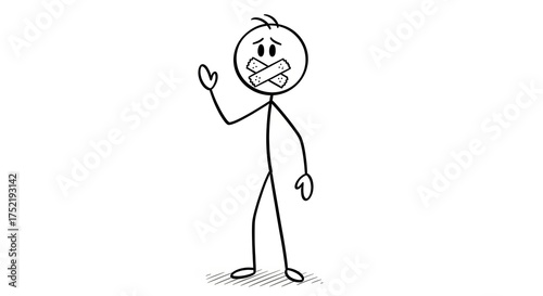 A simple stick figure with a taped mouth raises hand in silence, appearing sad and restricted.