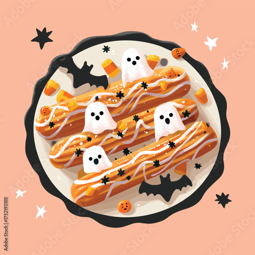 Halloween churros with ghost icing drizzle, bat-shaped sprinkles, and tiny pumpkin candy bits