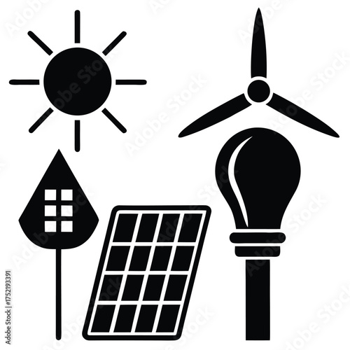 Renewable energy sources graphic depiction including solar wind and hydroelectricity