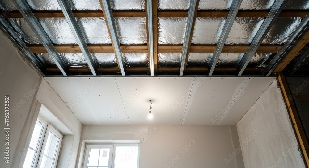 Fototapeta premium Unfinished room with drywall ceiling and metal framework