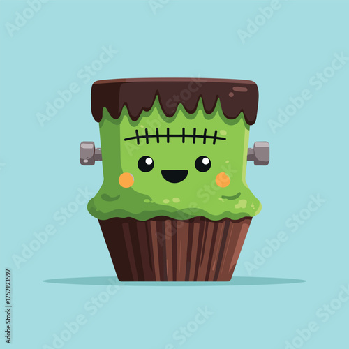 Frankenstein-themed cupcake with green icing, chocolate bolts on sides, and stitched smile