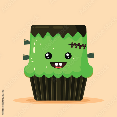 Frankenstein-themed cupcake with green icing, chocolate bolts on sides, and stitched smile