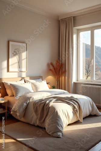 Serene Bedroom Interior Plush Bedding, Soft Lighting, Calming Colors Perfect for Relaxation and Peaceful Sleep. Stylish Decor Creates a Cozy Atmosphere Ideal for Restful Nights.