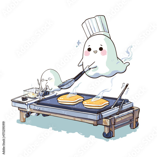 ghostly line cook flipping bat-shaped pancakes on griddle, chef hat floating above head