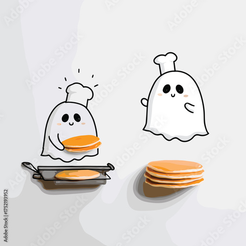 ghostly line cook flipping bat-shaped pancakes on griddle, chef hat floating above head