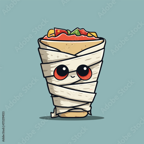 Halloween burrito wrap shaped like a mummy, with peeking eyes and spooky salsa on top