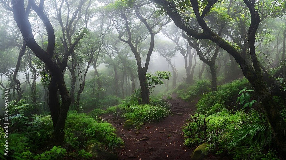Naklejka premium Misty forest path winding through lush green trees and fog