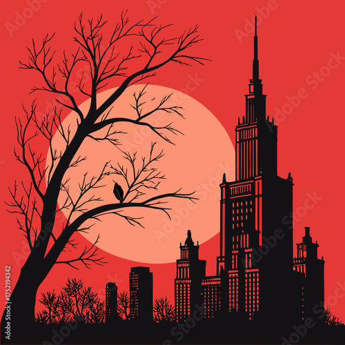Silhouette of a city skyline with a tall building and a tree with a bird against a red sky and moon created with generated ai