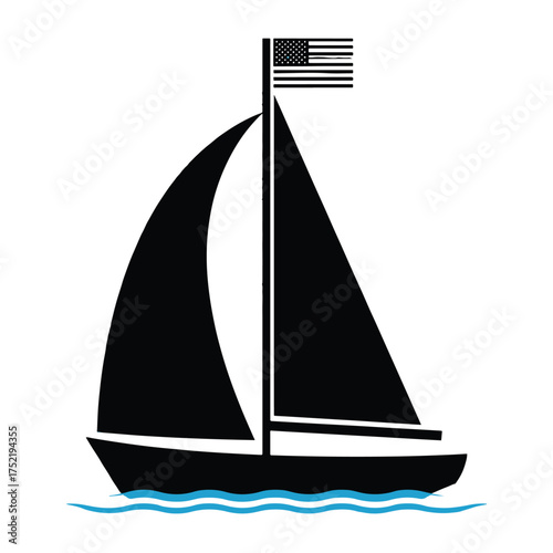 Black silhouette of a sailboat with an american flag, isolated on white background