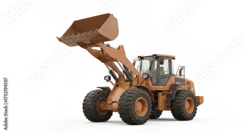 Front loader bulldozer with raised bucket, isolated against a white backdrop