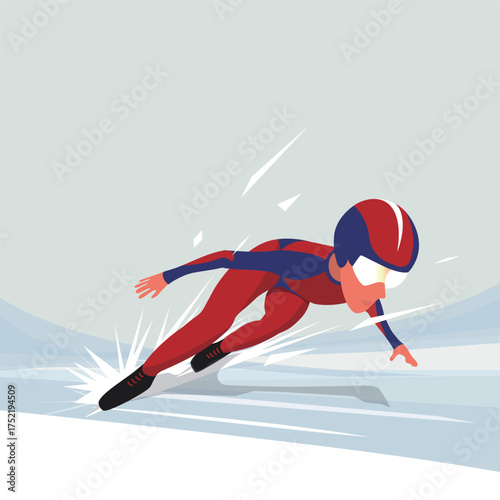 Vector illustration of a speed skater taking a high-speed turn on the ice, showcasing dynamic motion, precision, and athleticism