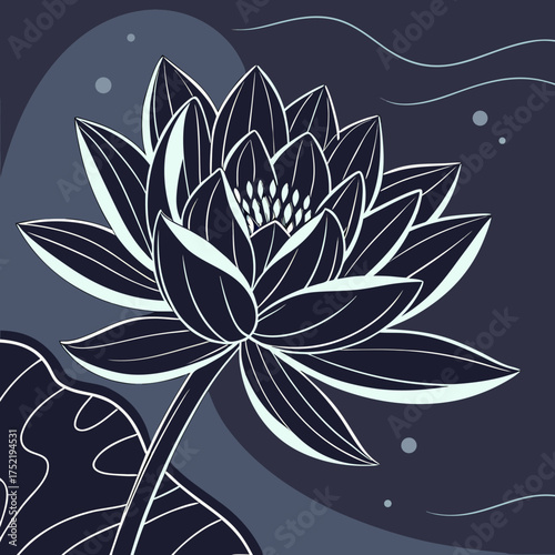 Illustration of a dark blue lotus flower with white outlines on a dark blue background with watermarks created with generated ai