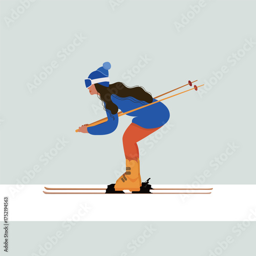 Vector illustration of a girl practicing skiing on snow-covered slopes, focusing on improving her technique and posture