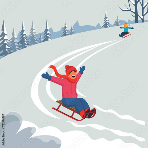 Vector illustration of girls joyfully sledding down a snowy mountain slope, enjoying the thrill and fun of the winter activity