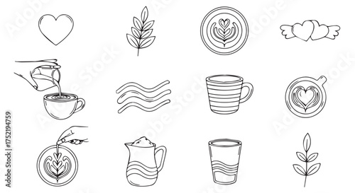 Collection of handdrawn coffee and latte art icons isolated on transparent background