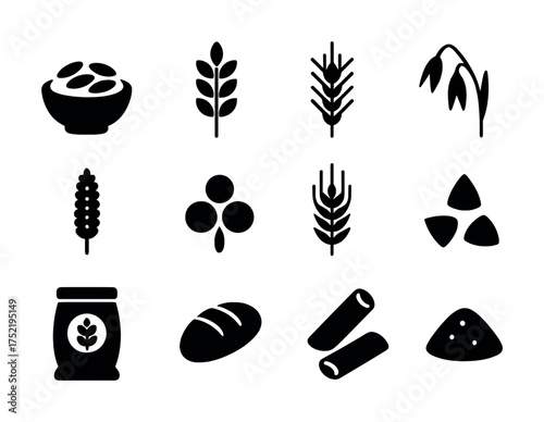 Vector Set of grain and agriculture icons featuring wheat, oats, and bread symbols