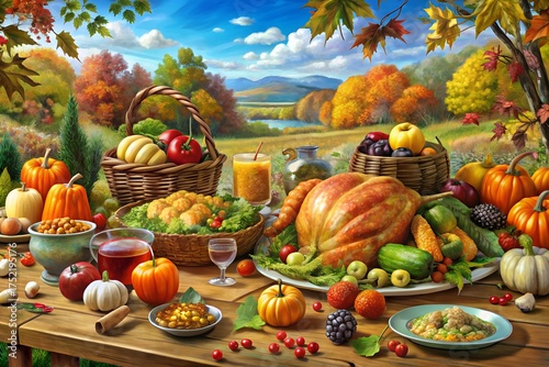 Festive Thanksgiving banquet spread with roasted turkey cranberry sauce sweet potatoes green beans pies bread rolls candles and rustic fall decoration capturing warmth and family celebration feeling