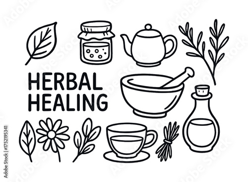 Vector Herbal healing: teapot, mortar, chamomile, leaves, and natural remedies icons