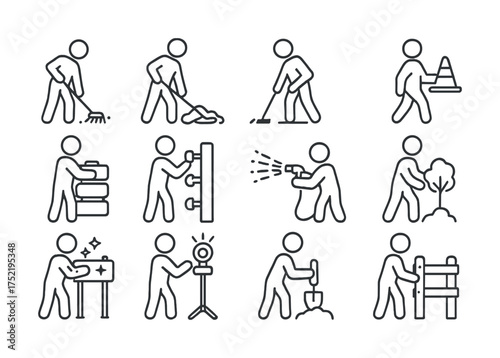Vector Pictogram set depicting various activities including cleaning and gardening
