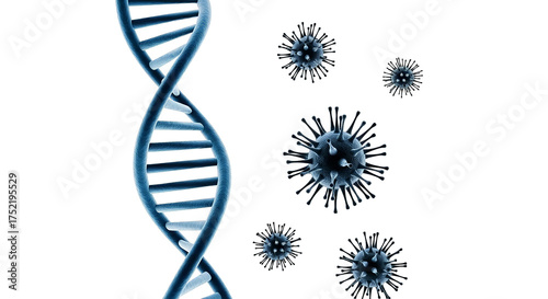 Illustrative DNA strand with viral pathogens on a dark background presents a medical concept.