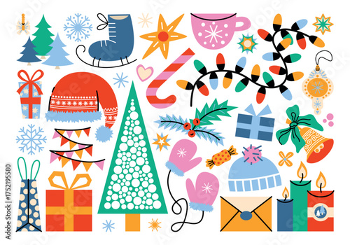 Christmas and New Year illustrations in cartoon style. Holiday gifts and decor, winter, snowflakes, Santa, Christmas tree, toys and cozy atmosphere. Festive seasonal vector objects in a retro style.