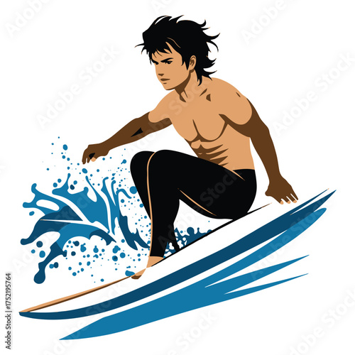 Man surfing a wave with splashes, dynamic action, isolated on white background
