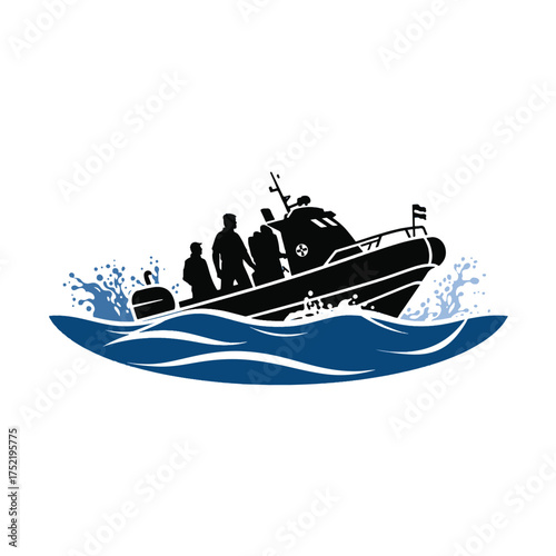 Rigid inflatable boat with people on wavy blue water, isolated on white background