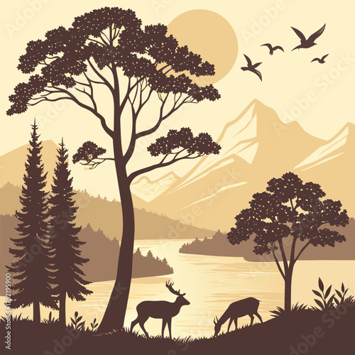 Serene wilderness landscape with silhouetted deer grazing by a tranquil river majestic mountains and soaring birds under a warm sun