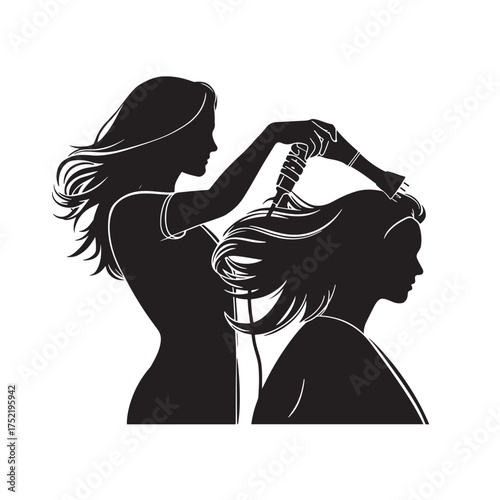 Silhouette of a hairdresser blowdrying a clients hair, isolated on white background