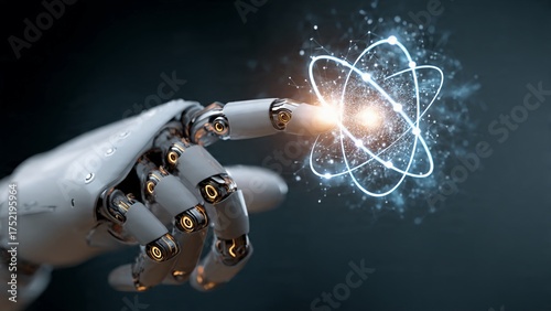 Fototapeta Naklejka Na Ścianę i Meble -  Robot hand touching holographic atom