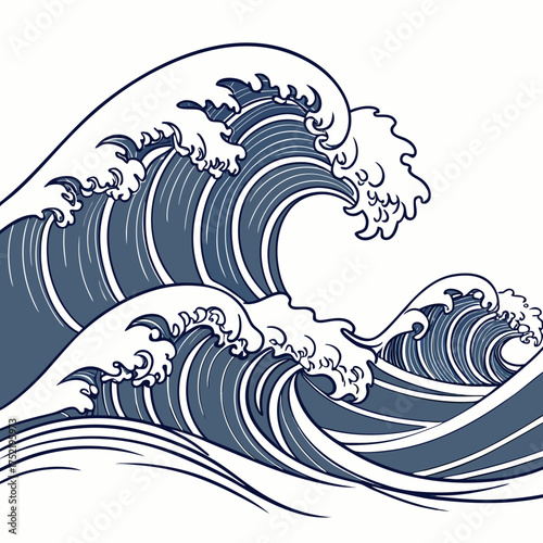 Stylized illustration of large powerful and dynamic blue ocean waves with white foam crests against a clean white background evoking a sense of nature s force and beauty