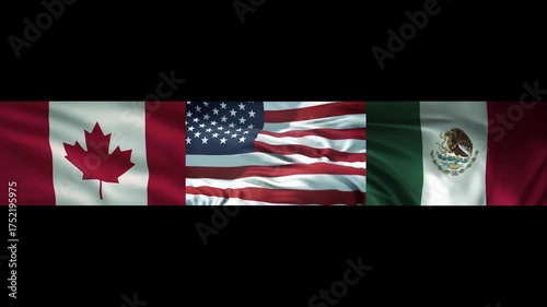 Canada, USA and Mexico flags fluttering in the wind. Waving the flags of the countries of North America.