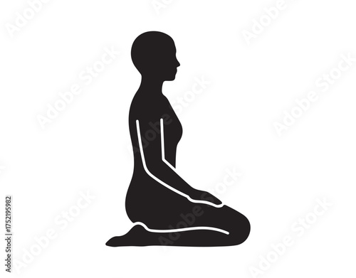 Seiza position icon. Traditional Japanese sitting style.
Knees bent, legs folded, and butt on heels. Finding zen. Solid flat design. Standalone silhouette vector image.