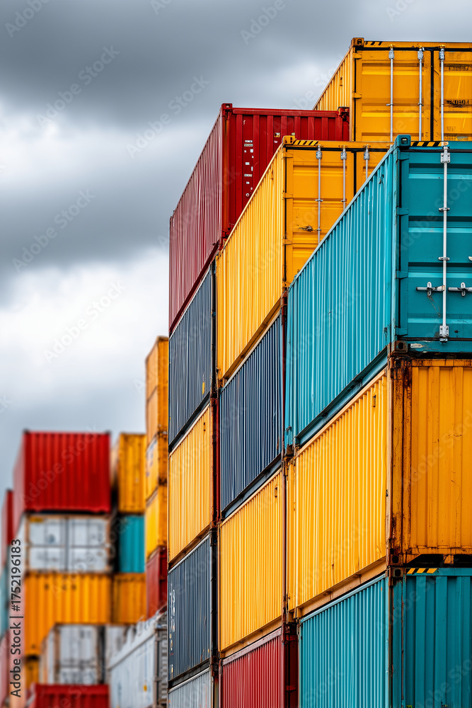 Fototapeta premium Close up, International shipping containers stacked at port , 