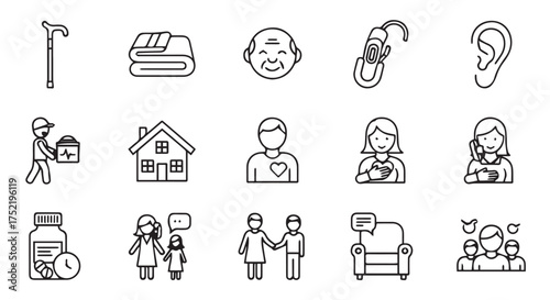 Set of line art icons depicting elderly care, family, and health services isolated on transparent background