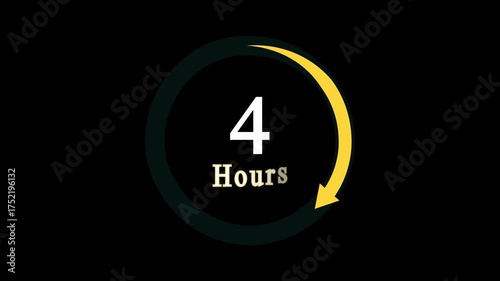 Stopwatch moving clock icon animation with 4 hours countdown clock icon, a dynamic circle and 4 hours clock loading icon animation on black background.