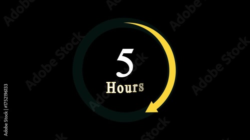 Stopwatch moving clock icon animation with 5 hours countdown clock icon, a dynamic circle and 5 hours clock loading icon animation on black background.