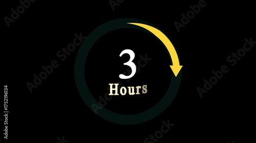 Stopwatch moving clock icon animation with 3 hours countdown clock icon, a dynamic circle and 3 hours clock loading icon animation on black background.