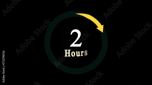 Stopwatch moving clock icon animation with 2 hours countdown clock icon, a dynamic circle and 2 hours clock loading icon animation on black background.