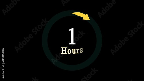 Stopwatch moving clock icon animation with 1 hours countdown clock icon, a dynamic circle and 1 hours clock loading icon animation on black background.