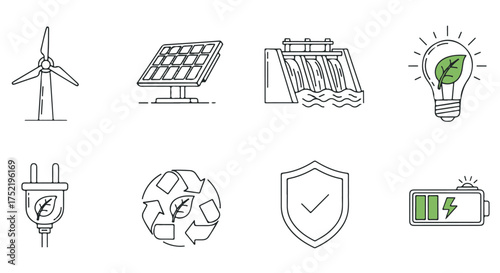 Renewable energy and sustainability icons isolated on transparent background