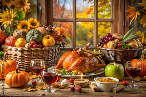 Thanksgiving dining table prepared for celebration full of traditional American cuisine turkey gravy pies fruits vegetables candles cozy wooden tablecloth symbolizing harvest gratitude love and joyful