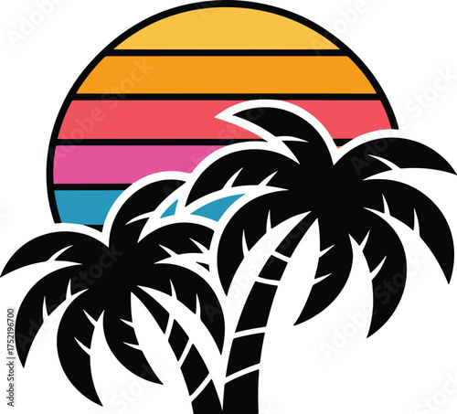 Retro Sunset with Palm Trees Silhouette Vector, Tropical Beach Vintage Design