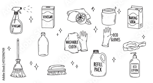 Collection of ecofriendly cleaning supplies and tools isolated on transparent background