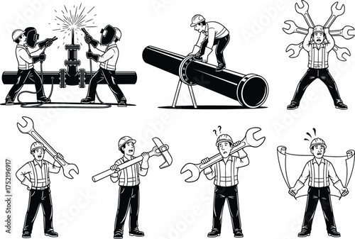Industrial workers silhouette set installing large pipes, ducts, and ventilation fans, vector illustration for plumbing, HVAC system maintenance, and teamwork on complex technical projects.