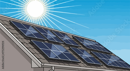 Solar panels on roof illustrating clean energy solutions for homes with sun rays shining. Solar panels represents clean energy and sustainable living on a bright day.