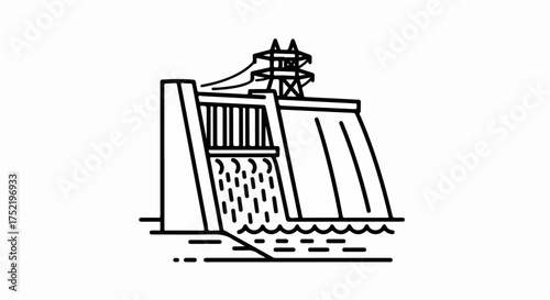 Hydroelectric dam illustration showing water flow, energy generation structure. Iconic hydroelectric dam design features power transmission lines, concrete wall, flowing water.