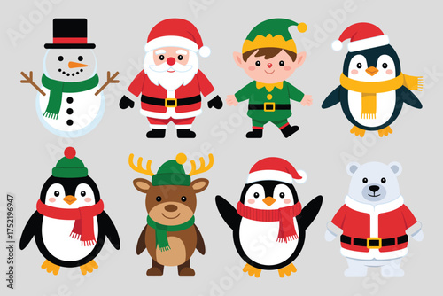Christmas character icon set featuring santa claus snowman elf penguin reindeer and polar bear adorable winter vector illustration